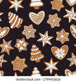 Christmas ginger cookies seamless pattern in vector. Gingerbread dessert for New Year party. Isolated objects.