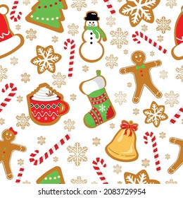 Christmas Ginger cookies Seamless Pattern. Vector cute design Pattern of Gingerbread cookies with snowflakes texture Colorful Christmas Gingerbread Fabric textile Repeatable Decorative Texture Design.