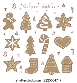 Christmas ginger cookies set vector illustration, hand drawing 