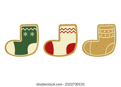 Christmas, ginger cookies. Traditional holiday baked goods. Three gift socks on white background.