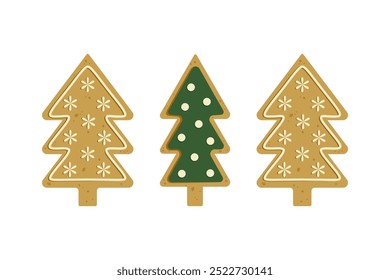 Christmas, ginger cookies. Traditional holiday baked goods. Set of three objects on white background.