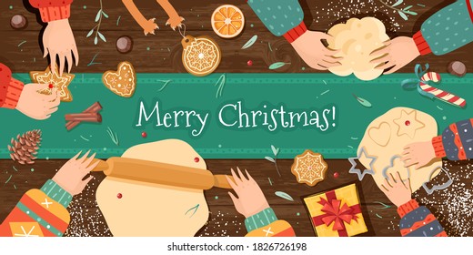 Christmas Ginger Cookies. Vector Horizontal Banner Cartoon Style. Baking Holiday Gingerbread. Family Hands Roll Out The Dough. Greeting Text