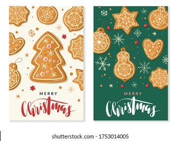 Christmas ginger cookies. Vector vertical banners cartoon style. Baking holiday gingerbread. Greeting text