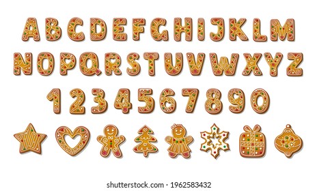 Alfabeto navideño de pan de jengibre en forma de caricatura con diferentes formas de galletas. Cartas de Biscuit para mensaje de Navidad. Dulces caseros en forma de corazón, estrella, copo de nieve, árbol, regalo, juguete, hombre