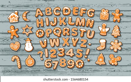 Christmas gingerbread alphabet and cute traditional holiday cookies on old blue wooden table. Sugar coated letters and numbers. Cartoon hand drawn vector illustration isolated on wood background.