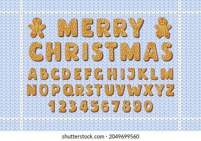 Christmas gingerbread alphabet font and numbers on blue knitting background. Winter icing-sugar cookies in shape of english letters with gingerbread men. Cartoon Vector illustration