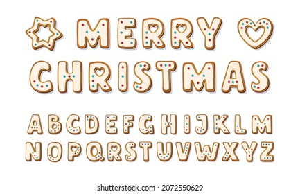 Christmas gingerbread alphabet glazed font. Winter icing-sugar cookies in shape of english letters and heart and star shape. Cartoon Vector illustration