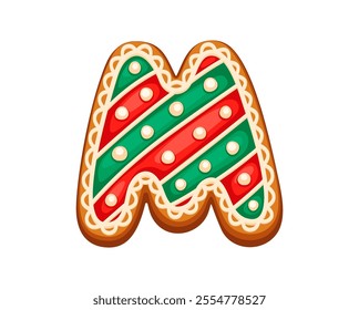 Christmas gingerbread alphabet letter M cookie decorated with vibrant red and green icing stripes and festive patterns. Isolated cartoon vector xmas font typeface, new year type, english pastry abc