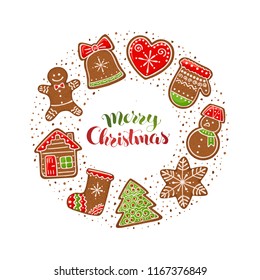 Christmas gingerbread arranged in circle composition. Vector illustration isolated on white background. Ginger bread man, bell, house, snowman etc.