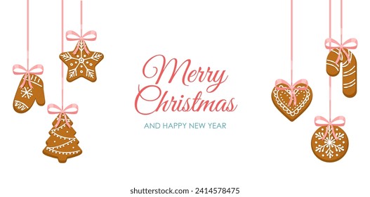 Christmas gingerbread banner. Homemade pastry and bakery of different form at strings. Winter holidays, Noel Eve and Happy New Year. Snowflake and heart. Cartoon flat vector illustration