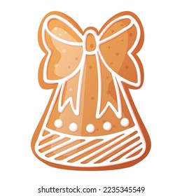 Christmas gingerbread bell with beautiful patterns of sweet icing. Holiday cookies on an isolated background. vector icon