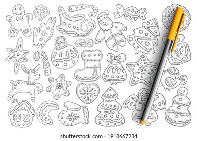 Christmas gingerbread and biscuits doodle set. Collection of hand drawn tasty homemade sweet biscuits in shapes of snowman, decorative ball, angel, santa claus isolated on transparent background