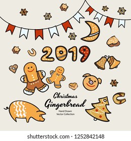 Christmas gingerbread biscuits set hand drawn vector illustration. Vintage traditional bake christmas marzipan glaze biscuits. Isolated vector ginger bread cookies. Christmas baking retro elements.