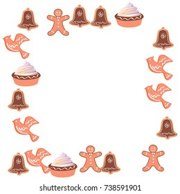 Christmas Gingerbread Border. Vector illustration. Cute Xmas background for wallpaper, gift paper, pattern fills, textile, greetings cards