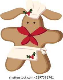 Christmas Gingerbread Bunny Chef homemade sweet sugar glaze cookie or winter food biscuit vector isolated. New year cookies. Traditional winter bakery. Isolated elements for design. 