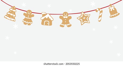 Christmas gingerbread  bunting on winter background