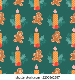 Pan de jengibre de Navidad con una vela, vector patrón sin fisuras.