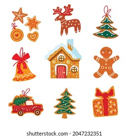 Christmas gingerbread. Gingerbread car, reindeer, gift, heart, star. Icon symbol of Christmas holidays and new year. Clipart for Christmas and Christmas cards and invitations. Vector flat illustration