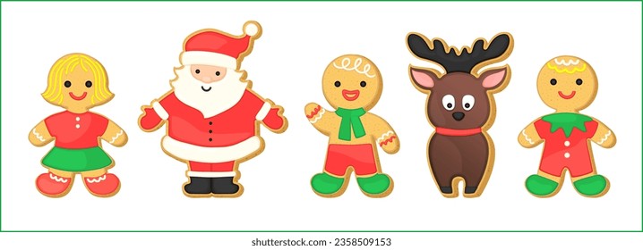 Christmas gingerbread character set. Sugar cookies vector illustration. Gingerbread man, woman, Santa Claus and reindeer cookie shapes with icing. Homemade bakery festive icons. Cute cartoon design.