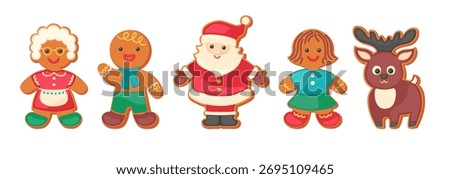 Christmas gingerbread characters vector cartoon illustration. Holiday sugar cookies isolated. Gingerbread man, woman, Santa Claus, Mrs Claus, Christmas deer. Cute festive set. Winter Xmas symbols.