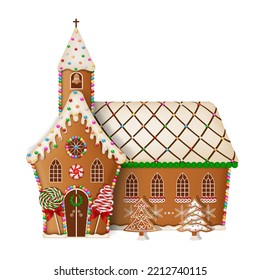 christmas gingerbread church with candies and cookies