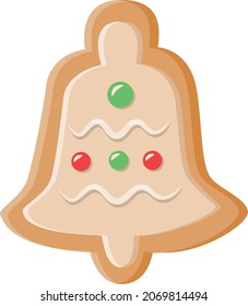 Christmas gingerbread colored cookies bell with decoration, isolated on white background, vector illustration