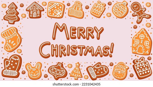 Christmas gingerbread composition around the inscription "Merry Christmas". Cute cartoon gingerbread. Festive background.