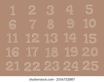 Christmas gingerbread cookie advent calendar shapes. Winter homemade traditional sweet bakery. Flat cartoon vector illustration.