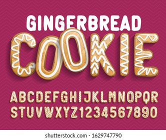 Christmas Gingerbread Cookie alphabet font. Cartoon letters and numbers with shadow. Holiday vector illustration for your design.