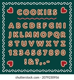 Christmas Gingerbread cookie alphabet, Ginger cookies font, Winter holiday dessert decorated glazed sugar, Cartoon Gingerbread letters and numbers