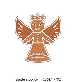 Christmas gingerbread cookie angel flat icon. Vector illustration isolated on white background. Xmas decoration in cartoon style. Traditional christmas element of holiday