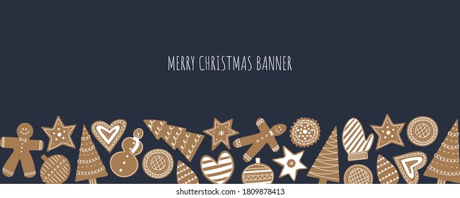 Pancarta de galletas de galletas de galletas de galletas de Navidad. Diseño o fondo de venta de navidad dibujado a mano. Plantilla de volante moderna.