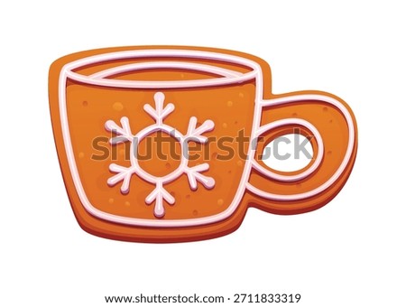 Christmas gingerbread cookie biscuit of cup or mug for winter holiday, cartoon vector icon. Gingerbread cookie in shape of coffee cup or tea mug with snowflake ornament of sweet icing for Christmas