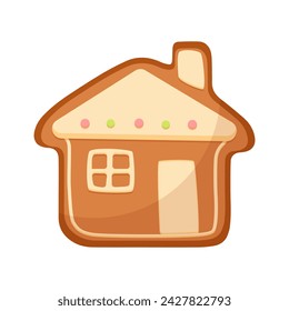 Christmas gingerbread cookie, cake of house shape with window and door, chimney on roof vector illustration