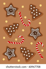 Christmas gingerbread cookie and candy background. Vector illustration