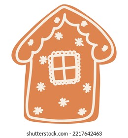Christmas gingerbread cookie in cartoon style. Hand drawn vector illustration of winter holiday food, sweet house.