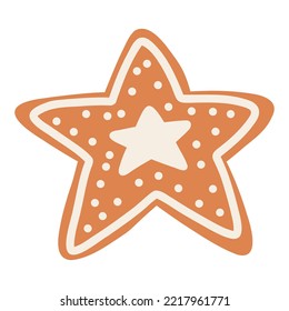 Christmas gingerbread cookie in cartoon style. Hand drawn vector illustration of winter holiday food, Christmas star.