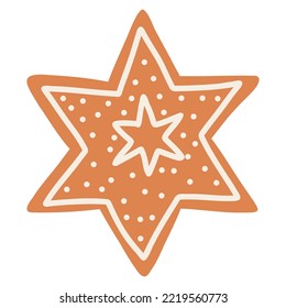 Christmas gingerbread cookie in cartoon style. Hand drawn vector illustration of winter holiday food, Christmas star.