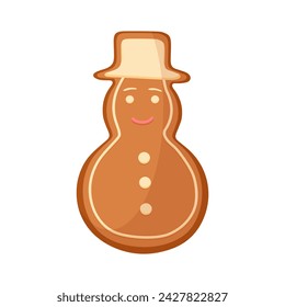 Christmas gingerbread cookie, cheerful snowman cake in hat with smile vector illustration