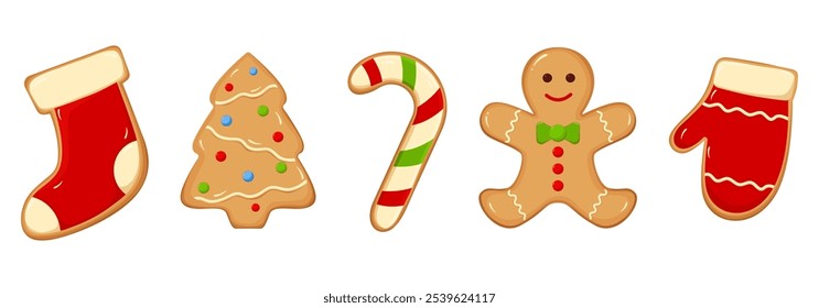 Christmas gingerbread cookie collection: Christmas tree, candy cane, stocking, and gingerbread man. Vector illustration.