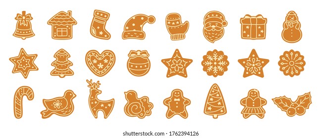 Christmas gingerbread cookie flat cartoon set. Sign New year sweet gingerbread man, bird, holly, house, deer and candy, snowflakes, sock, Christmas tree, bell, star. Isolated vector illustration