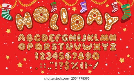 Christmas gingerbread cookie font, bakery typeface, xmas biscuit type, holiday sweet english alphabet. Vector festive abc letters, numbers and symbol cookie characters decorated with sugary icing