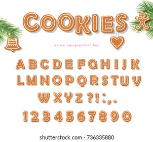 Christmas Gingerbread Cookie Font. Biscuit Hand-drawn Letters And Numbers.