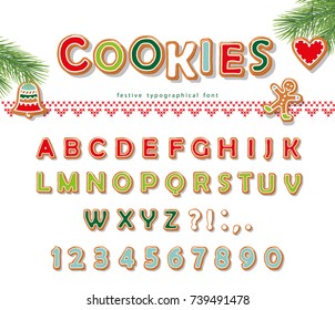Christmas Gingerbread Cookie Font. Biscuit Letters And Numbers. Vector EPS10
