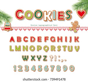 Christmas Gingerbread Cookie font. Biscuit letters and numbers. Vector EPS10