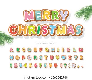 Christmas Gingerbread Cookie font. Bisquit traditional decorative alphabet. Hand drawn cartoon colorful letters, numbers and symbols for holidays design. Vector illustration