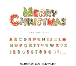 Christmas Gingerbread Cookie Font. Hand Drawn Cartoon Colorful Alphabet For Holidays. Biscuit Letters And Numbers. Vector Illustration