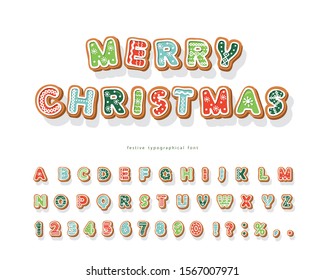 Christmas Gingerbread Cookie Font. Hand Drawn Cartoon Colorful Alphabet For Holidays. Biscuit Decorated Signs, Letters And Numbers. Vector Illustration