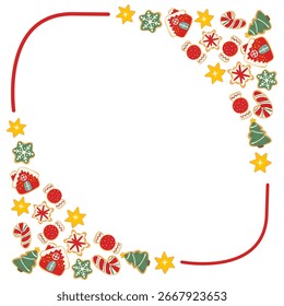 Moldura de biscoito de gengibre de Natal com biscoitos decorados festivos em formas de férias, perfeito para cartões de saudação sazonal, convites e projetos de inverno.