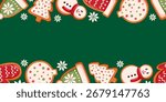 Christmas gingerbread cookie frame with snowman, mitten, hat, tree and snowflake on green background in cartoon style for holiday package, seasonal menu and festive design.